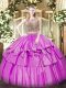 Lilac 15 Quinceanera Dress Military Ball and Sweet 16 and Quinceanera with Beading and Ruffled Layers Scoop Sleeveless Lace Up