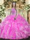 Floor Length Rose Pink Sweet 16 Dresses Organza Sleeveless Beading and Ruffles