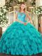 Wonderful Sleeveless Organza Floor Length Lace Up Quince Ball Gowns in Aqua Blue with Beading and Ruffles