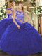 Royal Blue Lace Up Quince Ball Gowns Beading and Ruffles Cap Sleeves Floor Length