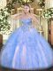 Super Blue And White Lace Up Sweet 16 Dress Appliques and Ruffles Sleeveless Floor Length