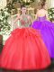 Coral Red Lace Up Quinceanera Gown Beading and Ruffles Sleeveless Floor Length