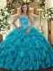 Elegant Teal Ball Gowns Organza Strapless Sleeveless Beading and Ruffles Floor Length Lace Up 15th Birthday Dress