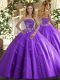 Strapless Sleeveless Quinceanera Gowns Floor Length Beading and Appliques Lavender Tulle