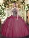 Deluxe Sleeveless Tulle Floor Length Lace Up Quinceanera Dress in Burgundy with Beading