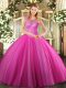 Modest Sleeveless Floor Length Beading Lace Up Vestidos de Quinceanera with Hot Pink