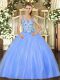 Chic Baby Blue Ball Gowns Straps Sleeveless Organza Floor Length Lace Up Beading and Appliques Ball Gown Prom Dress