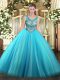 Floor Length Baby Blue Quinceanera Dress Tulle Sleeveless Beading