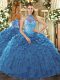 Elegant Teal Sleeveless Beading and Ruffles Floor Length 15 Quinceanera Dress