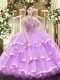 Hot Sale Lilac Lace Up Quinceanera Dresses Beading and Ruffled Layers Sleeveless Floor Length