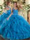 Custom Fit Ball Gowns 15 Quinceanera Dress Blue Halter Top Tulle Sleeveless Floor Length Lace Up
