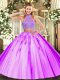 Discount Lilac Tulle Criss Cross Halter Top Sleeveless Floor Length Sweet 16 Dresses Beading