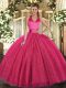 Cute Sleeveless Floor Length Sequins Lace Up Sweet 16 Dress with Hot Pink