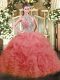 Ball Gowns Quince Ball Gowns Watermelon Red Halter Top Tulle Sleeveless Floor Length Lace Up