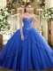 Ideal Blue Ball Gowns Tulle Sweetheart Sleeveless Appliques and Embroidery Lace Up Vestidos de Quinceanera Brush Train