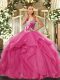 Admirable Hot Pink Ball Gowns Straps Sleeveless Tulle Floor Length Lace Up Beading and Ruffles Quinceanera Gown