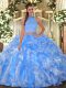 Chic Baby Blue Sleeveless Organza Backless Sweet 16 Dress for Military Ball and Sweet 16 and Quinceanera
