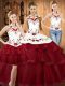 Amazing Wine Red Three Pieces Satin and Organza Halter Top Sleeveless Embroidery and Ruffled Layers With Train Lace Up Quince Ball Gowns Sweep Train