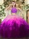 Multi-color Tulle Zipper High-neck Sleeveless Floor Length 15th Birthday Dress Beading and Ruffles