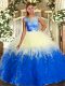 Comfortable Multi-color Ball Gowns Organza Scoop Sleeveless Lace and Ruffles Floor Length Backless Quince Ball Gowns