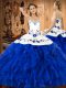 Blue And White Ball Gowns Embroidery and Ruffles Quinceanera Gown Lace Up Satin and Organza Sleeveless Floor Length