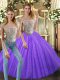 Eggplant Purple Two Pieces Tulle Bateau Sleeveless Beading Floor Length Lace Up Ball Gown Prom Dress