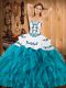 Teal Satin and Organza Lace Up Strapless Sleeveless Floor Length 15 Quinceanera Dress Embroidery and Ruffles