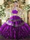 Amazing Tulle High-neck Sleeveless Backless Beading and Ruffles Sweet 16 Dresses in Eggplant Purple