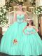 Custom Design Sweetheart Sleeveless Quince Ball Gowns Floor Length Beading Aqua Blue Tulle