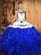 Smart Blue And White Halter Top Lace Up Embroidery and Ruffles Vestidos de Quinceanera Sleeveless