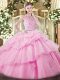 Rose Pink Sleeveless Beading and Ruffles and Pick Ups Floor Length Sweet 16 Dresses