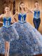 Fantastic Sweep Train Three Pieces Ball Gown Prom Dress Multi-color Strapless Satin and Fabric With Rolling Flowers Sleeveless With Train Lace Up