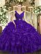 Purple Ball Gowns V-neck Sleeveless Organza Floor Length Backless Beading and Ruffles 15th Birthday Dress