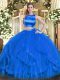 High-neck Sleeveless Vestidos de Quinceanera Floor Length Ruffles Blue Tulle