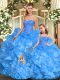 Sleeveless Organza Floor Length Lace Up Sweet 16 Quinceanera Dress in Baby Blue with Beading and Ruffles