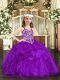 Purple Organza Lace Up Straps Sleeveless Floor Length Child Pageant Dress Beading and Ruffles