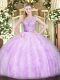 Lilac Ball Gowns Organza Scoop Sleeveless Lace and Ruffles Floor Length Backless Quinceanera Dresses