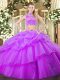 Unique Tulle High-neck Sleeveless Backless Beading and Ruffles and Pick Ups Quinceanera Dresses in Eggplant Purple
