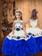 Perfect Sleeveless Organza Floor Length Lace Up Little Girls Pageant Dress in Royal Blue with Embroidery and Ruffles