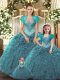 Teal Sleeveless Tulle Lace Up Quinceanera Gowns for Military Ball and Sweet 16 and Quinceanera