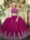 Fuchsia Quinceanera Gown Military Ball and Sweet 16 and Quinceanera with Beading and Appliques High-neck Sleeveless Zipper