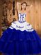 Super Tulle Strapless Sleeveless Sweep Train Lace Up Embroidery and Ruffled Layers Quinceanera Gown in Royal Blue