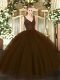 Sleeveless Floor Length Beading Zipper Quince Ball Gowns with Brown