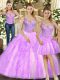 Sleeveless Organza Floor Length Lace Up 15th Birthday Dress in Lilac with Beading and Ruffles