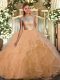 Sleeveless Tulle Floor Length Backless Vestidos de Quinceanera in Peach with Lace and Ruffles