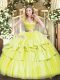 Excellent Yellow Green Ball Gowns Tulle V-neck Sleeveless Beading and Ruffled Layers Floor Length Zipper Quince Ball Gowns