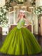 Sleeveless Tulle Floor Length Lace Up Girls Pageant Dresses in Olive Green with Beading