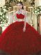 Unique High-neck Sleeveless Backless Quinceanera Gown Wine Red Tulle