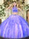 Lavender High-neck Neckline Beading and Ruffles Ball Gown Prom Dress Sleeveless Backless