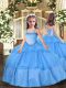 Perfect Baby Blue Ball Gowns Straps Sleeveless Organza Floor Length Lace Up Appliques Little Girls Pageant Dress Wholesale